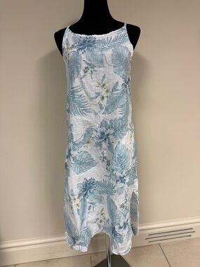 100% linen made in ITALY Sleeveless White & Light Blue Floral Sundress large